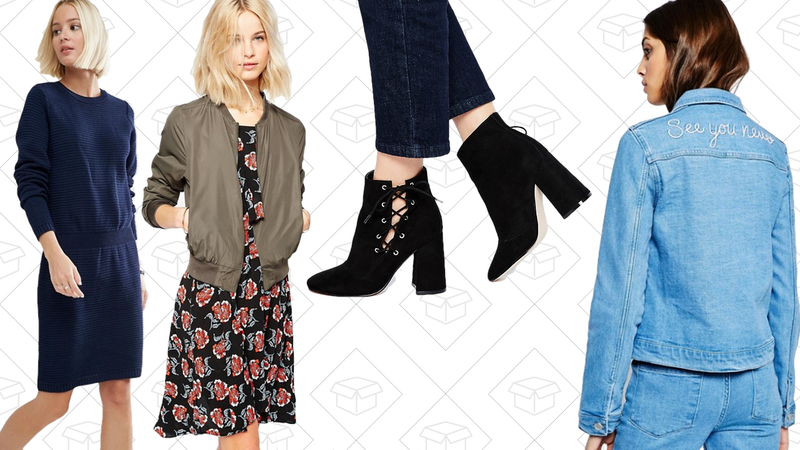 ASOS Sweater Dress With Elasticated Waistband, $29 | Brave Soul Bomber Jacket, $33 | ASOS ENIGMA Lace Up Ankle Boots, $39 | See You Never Embroidered Back Denim Jacket, $64